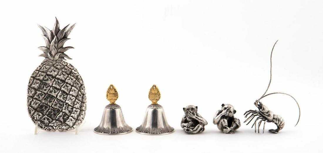 6 PIECE MISCELLANEOUS BUCCELLATI STERLING: Buccellati, 20th century. Group of sterling silver table accessories comprising of of two bell Christmas Ornaments, two monkey figurines, one pineapple tray, and one miniature lobster with detachable
