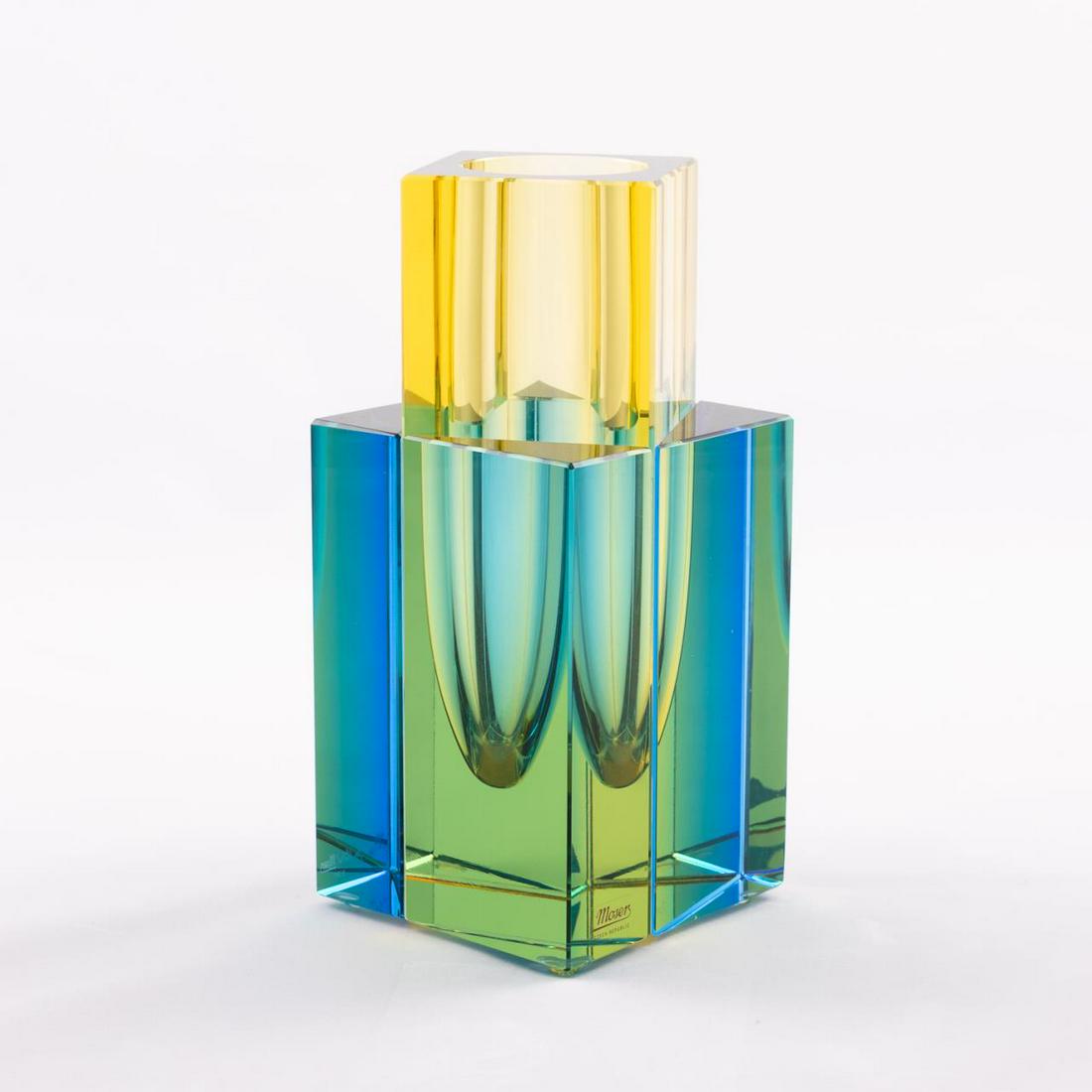 JAN CTVRTNIK FOR MOSER, HAND CUT ART GLASS VASE: Jan Ctvrtnik (Czech Republic, b. 1975- ) for Moser, circa 2014. A heavy modern cut crystal vase in yellow and blue tones having geometric form. Acid etched signature by artist, maker's mark and sticke