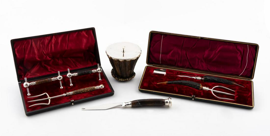 GROUP OF SIX MOUNTED ANTLER SERVING PIECES & BOWL: Group of six antler mounted serving pieces comprising an early 20th century English cheese scoop and fork with plated mounts, in case, two 20th century British knife rests and serving fork with plated