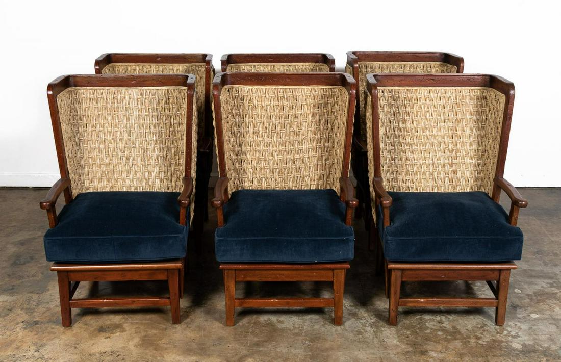 SIX, RALPH LAUREN FOR HENREDON ORKNEY WING CHAIRS: Ralph Lauren for Henredon, contemporary. Set of six Orkney form armchairs having distressed hardwood frames, woven seagrass backs and wings, loose blue seat cushions, and rising on straight legs with 