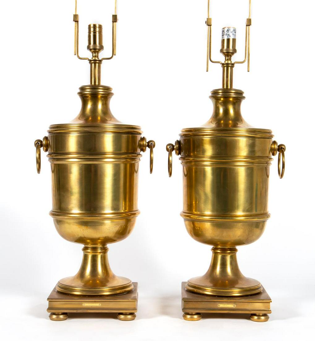PAIR, HEAVY BRASS URN FORM RALPH LAUREN LAMPS: Ralph Lauren Home, contemporary. Pair of solid brass classical form urn table lamps, having adjustable harps. Maker's mark to pedestal. Approx. h. 26.5" (socket), w. 11.5"