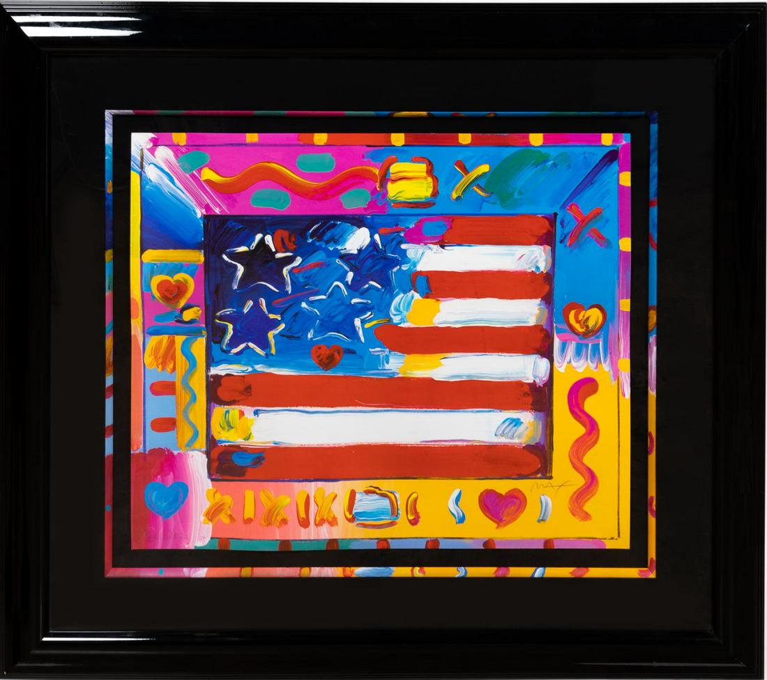PETER MAX "FLAG WITH HEART II" SERIGRAPH, C. 2002: Peter Max (American / German, born 1937). "Flag With Heart II" - 2002, serigraph on paper, hand signed to lower left and numbered 140/300 with Skot Foreman Fine Art Gallery label to verso. Provenance: