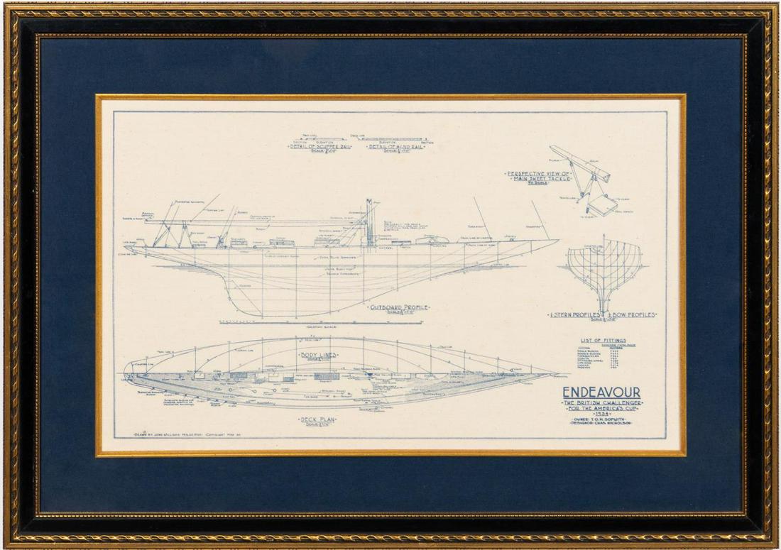 "ENDEAVOUR" SHIP PROFILE BLUE PRINT ON FABRIC: Contemporary. A framed blue print on fabric of the "Endeavour" constructed for the 1934 America's Cup; the original drawing was done by John Williams in 1935. Approx: 14.5" x 24" (image), 22.5" x 31.7