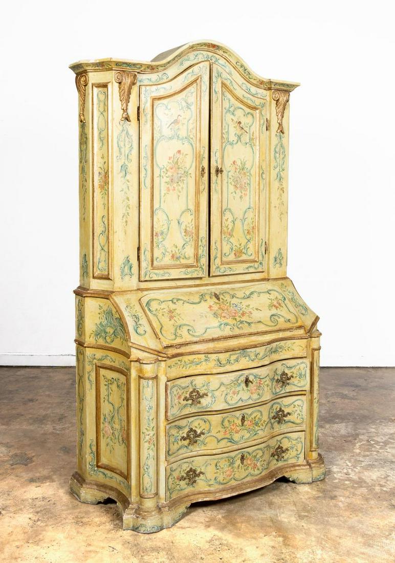 19TH C. FRENCH FLORAL PAINTED FALL FRONT SECRETARY: French, 19th century. Polychrome floral painted secretary desk, in two parts, having an arched cornice, paneled doors, fall front writing surface with three serpentine drawers below flanked by pilaste