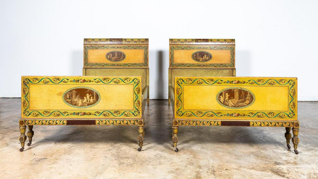 PAIR, ADAMS STYLE PAINTED TWIN BED FRAMES: Johnson Furniture Co. (American, 1908-1983), 20th century. Pair of Adams style polychrome painted twin bed frames with cherub motif. Marked to back. Provenance: Acquired from Jacqueline Adams Antiques