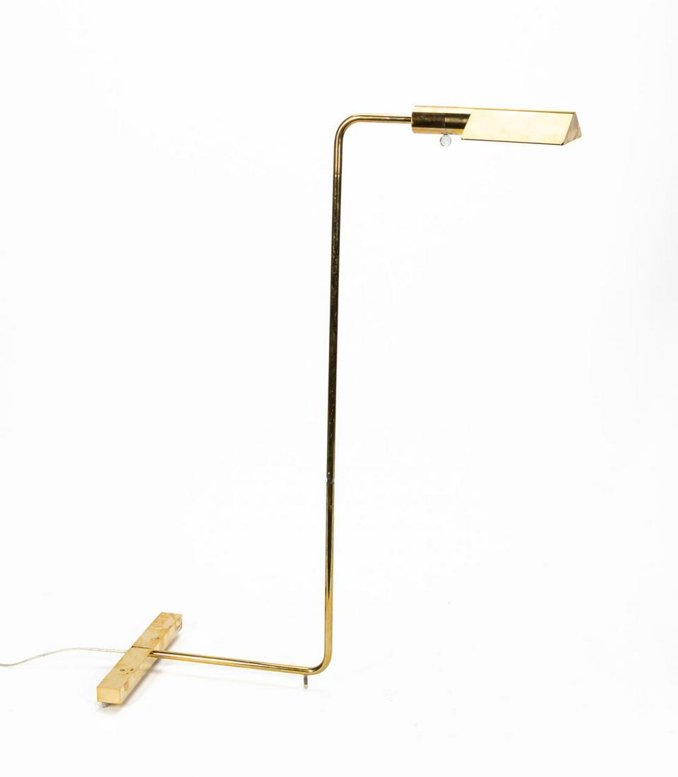 CEDRIC HARTMAN BRASS & STEEL FLOOR LAMP: Cedric Hartman (American, b. 1929-), mid 20th century. Brass and steel adjustable library floor lamp with acrylic light switch and swivel light. Maker's mark behind tent shade. Approx. h. 36" (lowest)