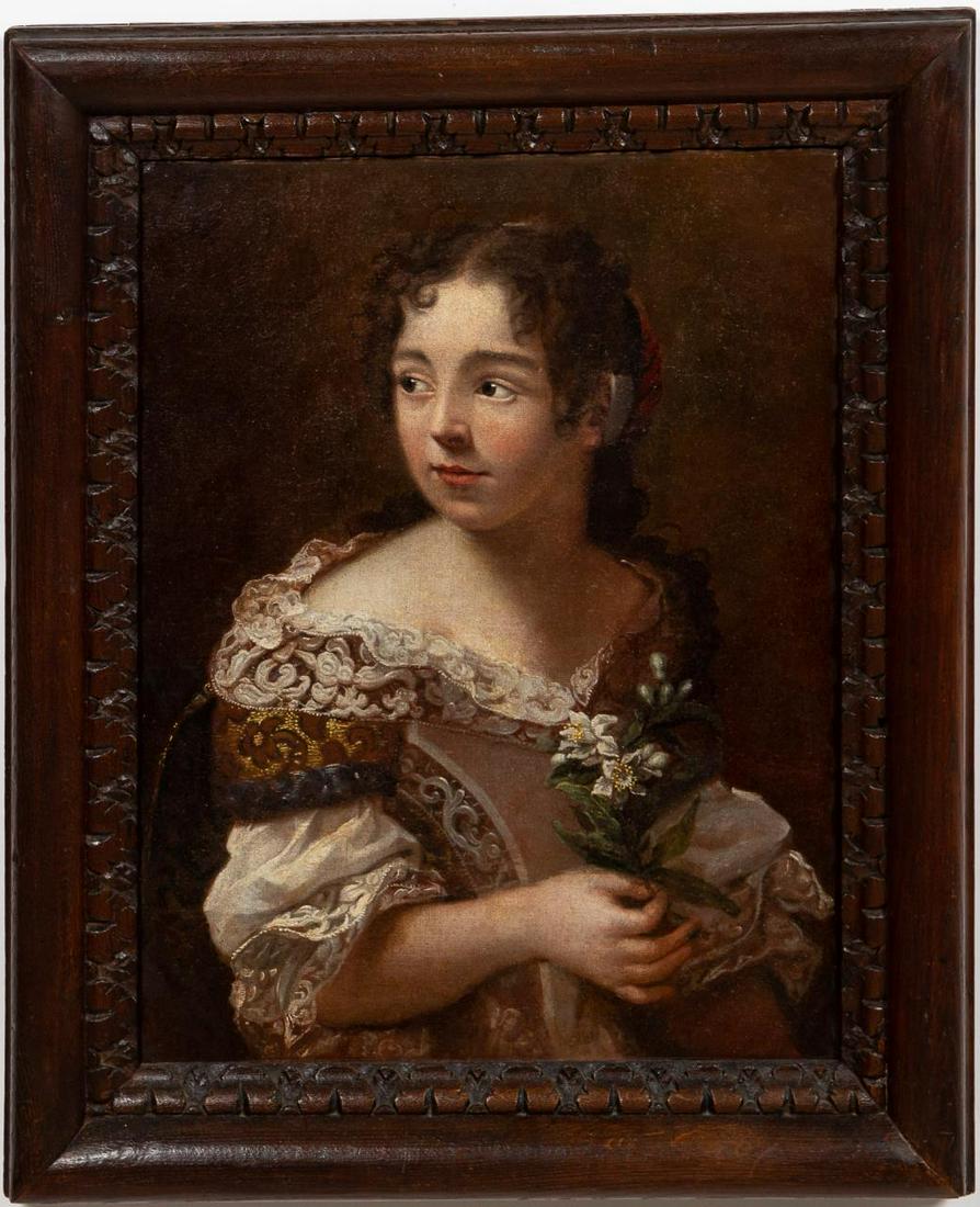 19TH CENTURY, "PORTRAIT OF A YOUNG GIRL" OIL: 19th century or earlier. "Portrait of a Young Girl", oil on canvas, apparently unsigned, bearing an Eric Turquin Expert, Paris Gallery label to verso. An old master style portrait painting depicting a