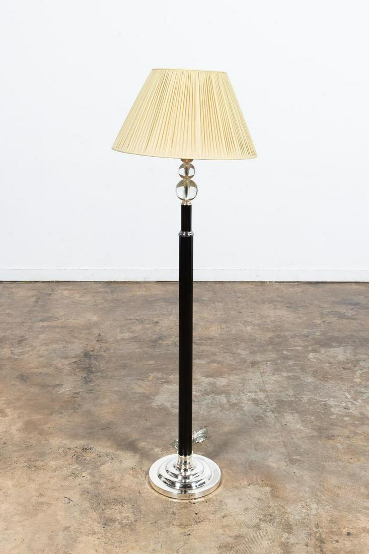 RALPH LAUREN MODERN LEATHER & CRYSTAL FLOOR LAMP: Ralph Lauren Home, 20th century. Modern leather and crystal floor lamp with stacked spheres to top and adjustable harp. Marked to base. Approx h. 59" (top of socket), w. 11" (base); h. 11.25", diam. 2