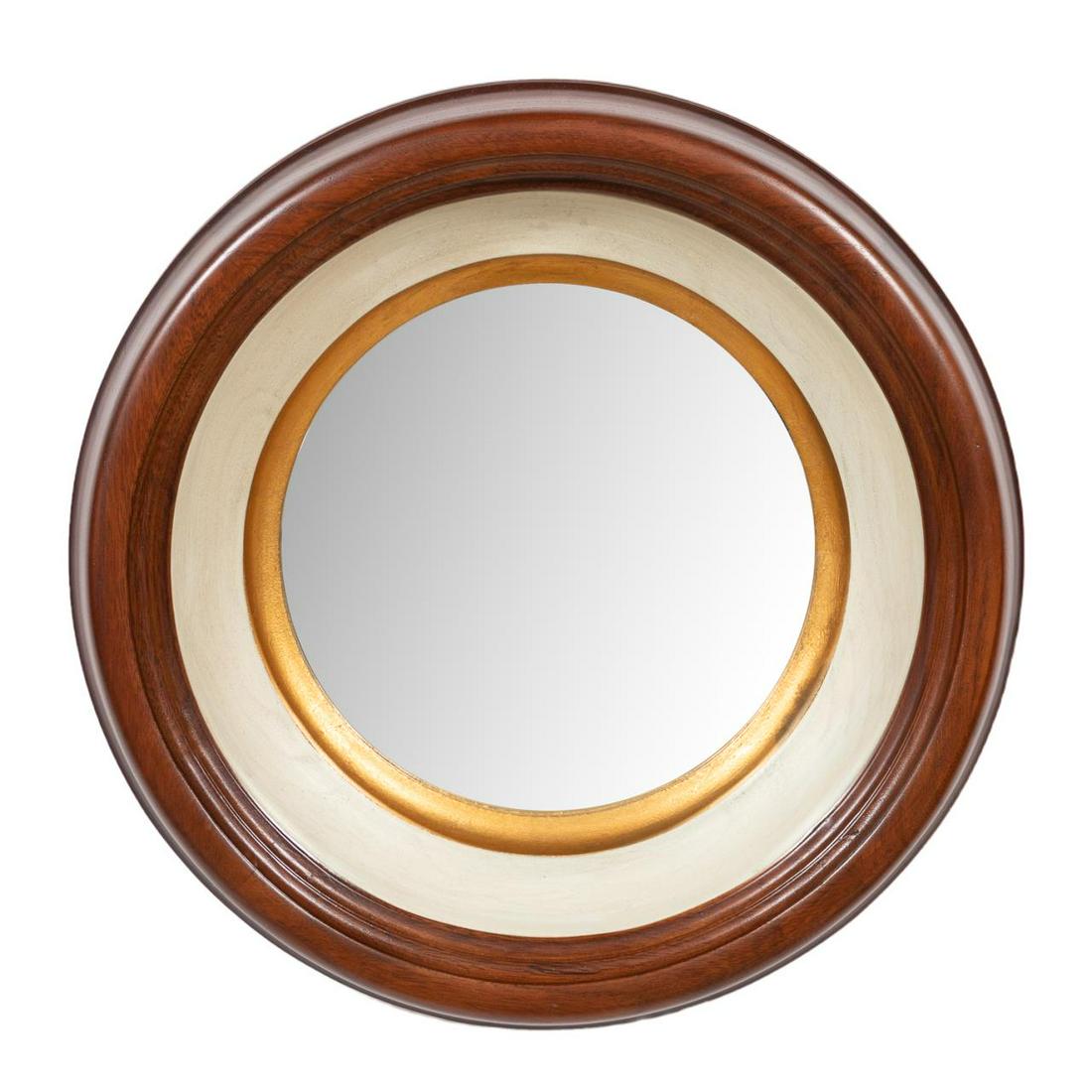 WOOD PORTHOLE STYLE MIRROR, WHITE & GILT INTERIOR: American or Continental, 20th century. Gilt and wood porthole style mirror. Apparently unmarked. Approx. diam. 17.375", d. 4".