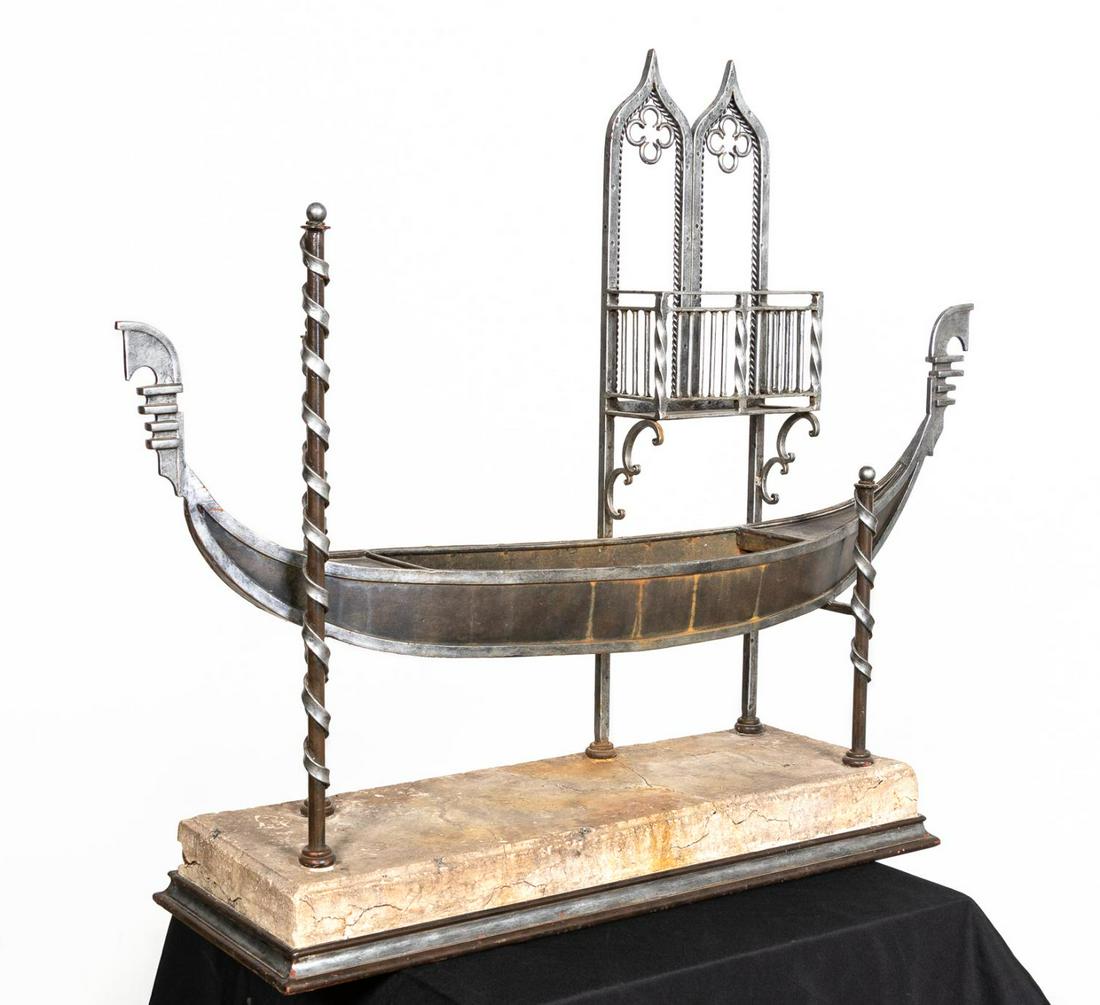 IRON SCULPTURE OF A VENETIAN GONDOLA & BALCONY: Likely Italian, 20th/21st century. Iron sculpture of a Venetian gondola with a gothic balcony and mounted on a distressed stone base. Unmarked. Approx. h. 35.5", w. 32.5", d. 12".