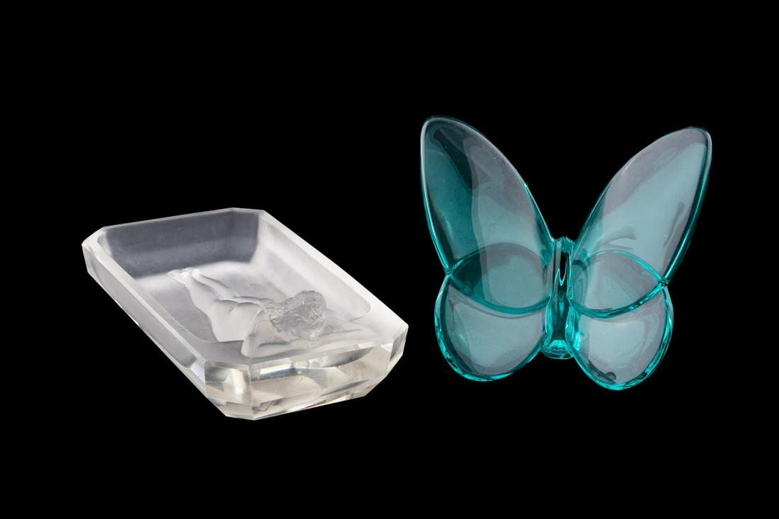2 PC, TEAL BACCARAT BUTTERFLY & HOFFMAN TRAY: Baccarat & Heinrich Hoffmann (Czech, 1875-1939), contemporary and 1930s. Group of two decorative crystal table accessories comprising of one turquoise butterfly and one Art Deco trinket tray with nude