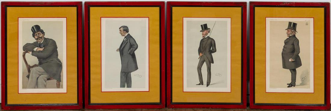 4 VANITY FAIR CARICATURE LITHOGRAPHS, SPY & TISSOT: English, late 19th century. A grouping of four original British Vanity Fair caricature lithographs by Spy and Tissot including "Military Changes", "A French Duellist", "Horses" and "Suffolk". Approx:
