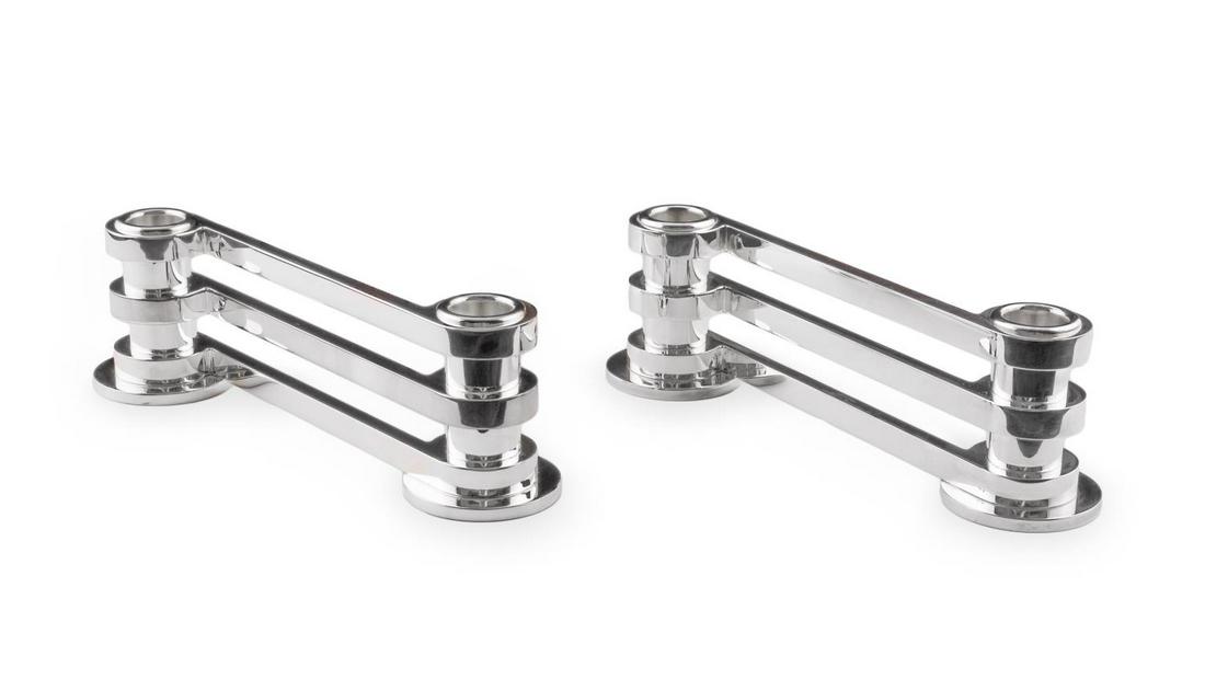 PR., PUIFORCAT SILVERPLATED "RUBAN CANDELABRA": Jean Puiforcat for Puiforcat, contemporary. Pair of "Ruban Candelabra" double silver plated modernist design candlesticks. Maker's mark to underside of both. Note: Retail price $1,450 (for one). Appro