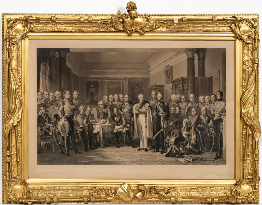 19TH C. ENGLISH ENGRAVING, "THE PENINSULAR HEROES": English, Mid 19th century. "The Peninsular Heroes," after J. P. Knight (John Prescott, English, 1803-1881), engraved by William Bromley, published by Henry Graves, depicting an interior scene with fig