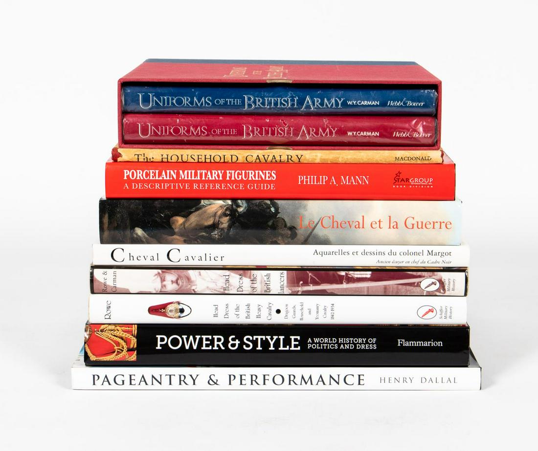 10 ART BOOKS ON MILITARY UNIFORMS & OBJECTS: A collection of ten hardcover coffee table books on military uniforms and military objects including a two volume set of "Uniforms of the British Army" published by Webb & Bower, "Power & Style" publi