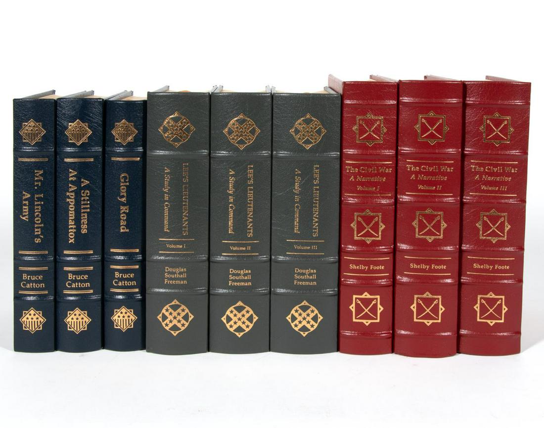 9 EASTON PRESS CIVIL WAR RELATED HARDCOVER BOOKS: A grouping of nine Easton Press hardcover books on the Civil War including a three volume set of "Lee's Lieutenants", three volumes by Bruce Catton "Mr. Lincoln's Army", "A Stillness At Appomattox", "
