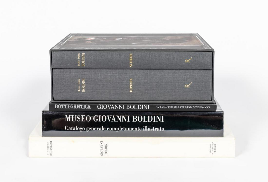 FIVE HARDCOVER ART BOOKS ON GIOVANNI BOLDINI: A grouping of five hardcover coffee table art books on Giovanni Boldini including "Museo Giovanni Boldini: Catalago Generale Completamente Illustrato" which includes over 1000 fully illustrated catalo