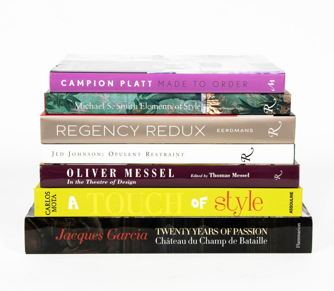 SEVEN HARDCOVER ART BOOKS ON STYLE AND DESIGN: A grouping of seven hardcover coffee table books on style and design including "Michael S. Smith, Elements of Design" published by Rizzoli, "Made To Order, Campion Platt", "Regency Redux - Emily Evans