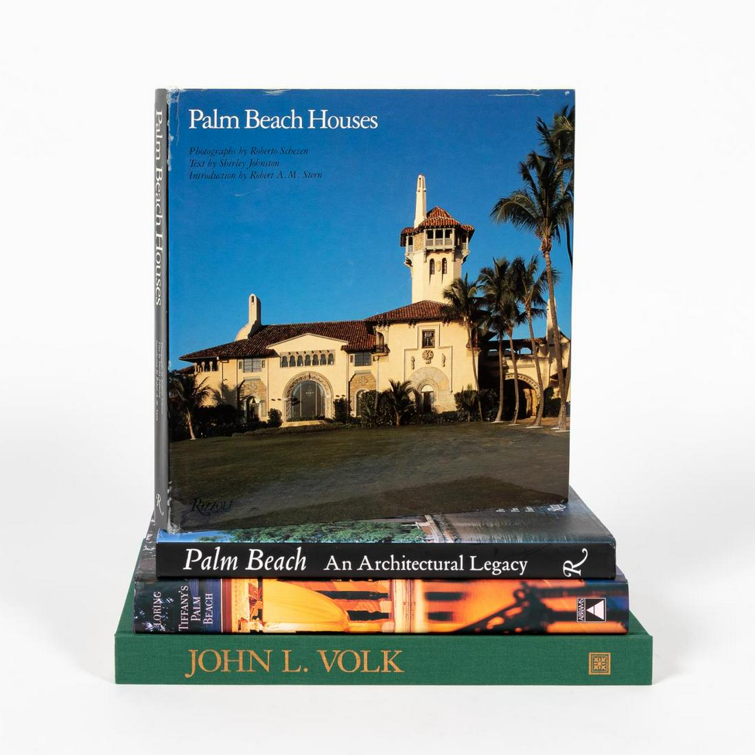FOUR HARDCOVER ART BOOK ON PALM BEACH ESTATES: A grouping of four hardcover coffee table books on famous palm beach homes notably including a 290 page book tributing the works of John L. Volk one of the most famous Palm Beach architects. Approx: h