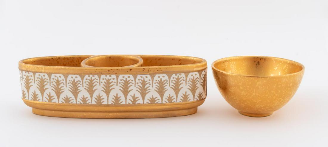 TWO L'OBJET FOR FORTUNY TABLEWARE PIECES: L'Objet for Fortuny, contemporary. Two pieces of gilt earthenware comprising of one "Piumette" white and gold condiment dish and one "Alchimie de Venise" collection 24K gold finish small bowl. Both wi