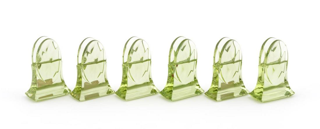 6 BACCARAT "TRANQUILITY" PLACE CARD HOLDERS, GREEN: Baccarat, contemporary. Set of six green chartreuse crystal "Tranquility" (introduced 2000, inactive) oval form place card holders having a diamond pattern. Acid marked to the underside with three ret