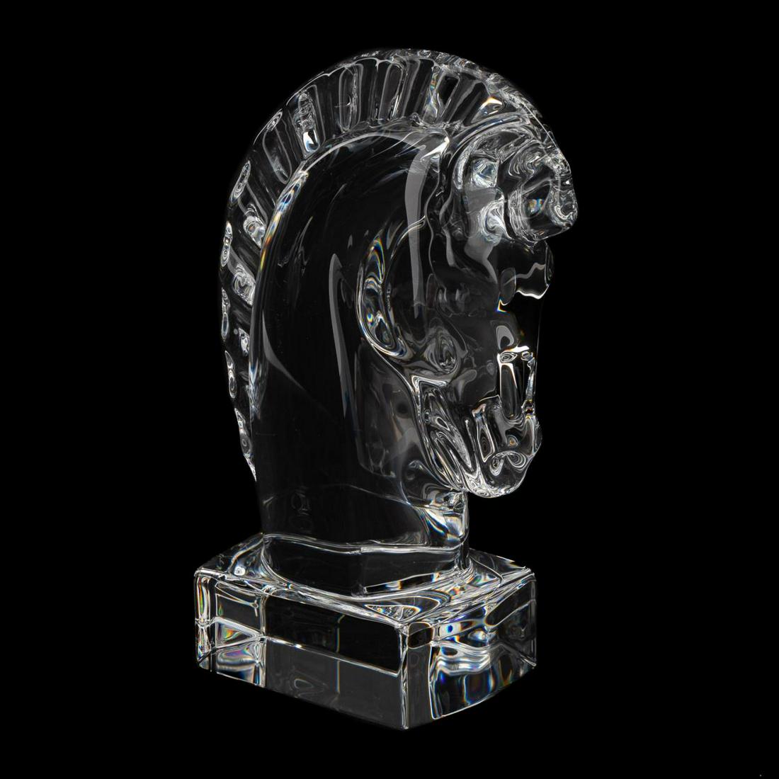 STEUBEN CRYSTAL HORSE HEAD PAPER WEIGHT: Steuben, contemporary. Colorless crystal horse head paper weight sculpture. Etched maker's mark to underside. Approx. h. 4.5".
