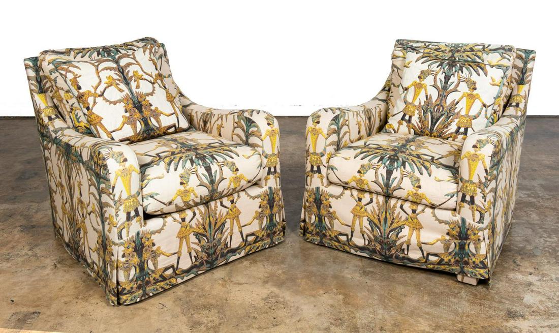 PAIR, CAPERTON COLLECTION CLUB CHAIRS: Caperton Collection, contemporary. Pair of "Pearson" club or armchairs upholstered in Jim Thompson "Duquetterie" linen, and having curved arms, loose back and seat cushions, and box pleated skirts. Ma