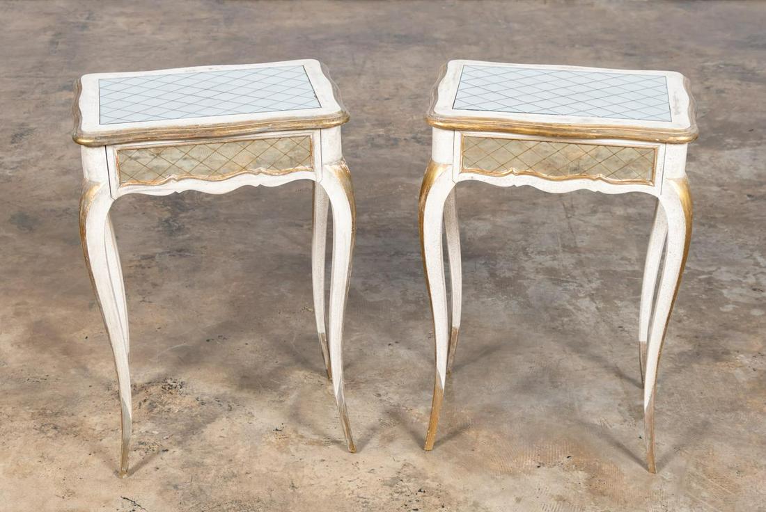 PAIR, ITALIAN MIRRORED & GILT SIDE TABLES: Likely Italian, 20th century. Pair of petite distressed, gilt and mirrored side tables. Apparently unmarked. Approx. h. 23.5", w. 11.25", d. 16".