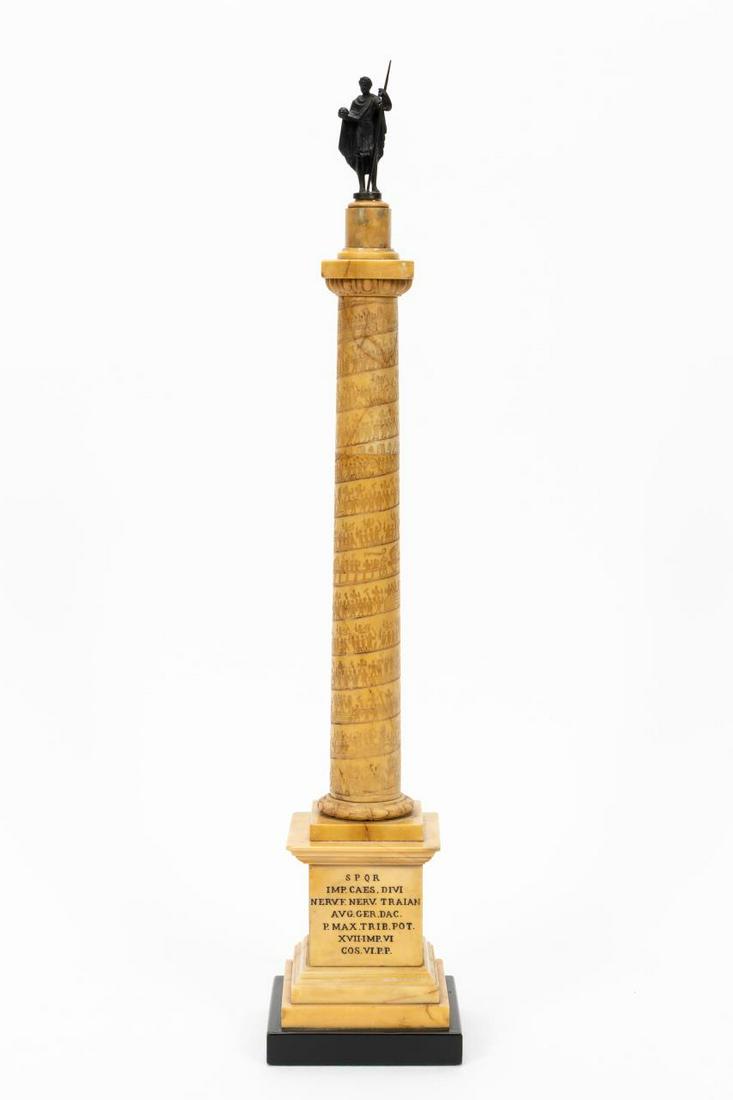 19TH C. LARGE GRAND TOUR MODEL OF TRAJAN'S COLUMN: Continental, 19th century. Large carved Sienna marble Grand Tour model of Trajan's column decorated with battle scenes and having a bronze figure of the emperor, on a square plinth with stepped black 