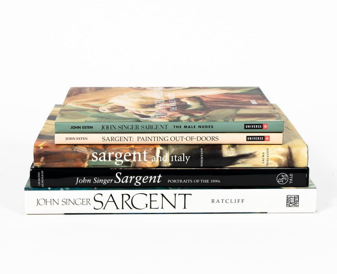 FIVE HARDCOVER ART BOOKS ON JOHN SINGER SARGENT: A grouping of five hardcover coffee table books on John Singer Sargent including "Sargent and Italy" published by Lacma Princeton. Approx: h. 13.25", w. 10", d. 2".