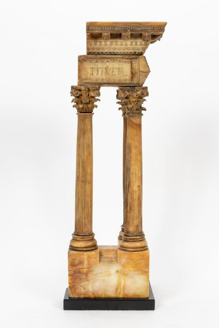 ALABASTER MODEL OF THE TEMPLE OF VESPASIAN: Italian, late 19th to early 20th century. Large carved architectural model of the ruins of the Roman Temple of Vespasian, having three columns with Corinthian capitals and fluted shafts entasis, on a