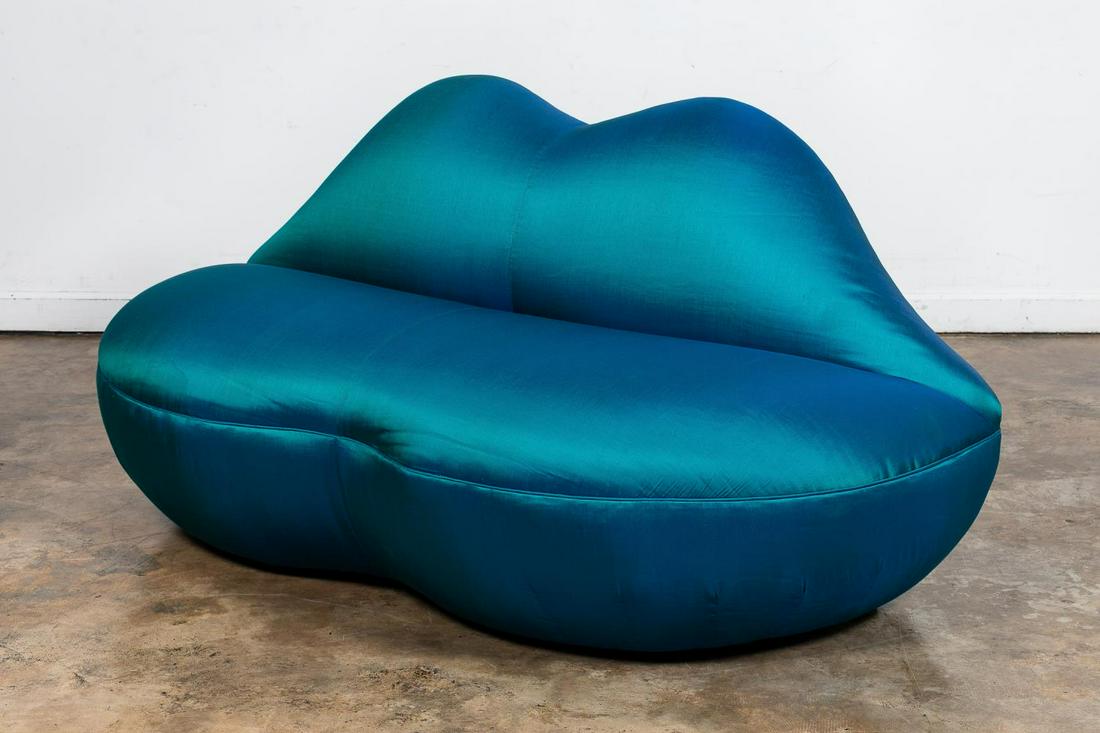 STYLE OF STUDIO 65 SILK LIP FORM SOFA: Style of Studio 65 (Italian) for Gufram, second half 20th century. Modern "Marylin Bocca Lip" form sofa in iridescent blue / green silk color. Apparently unmarked. Approx. h. 33.75", w. 71", d. 32.
