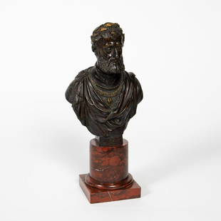 19TH C. GRAND TOUR BUST OF EMPEROR CHARLES V: After Leone Leoni (Italian 1509 - 1590) or Pompeo Leoni (Italian 1533 - 1608), Continental 19th century. Grand Tour cast bronze bust of the Spanish emperor Charles V wearing the collar of the Golden F
