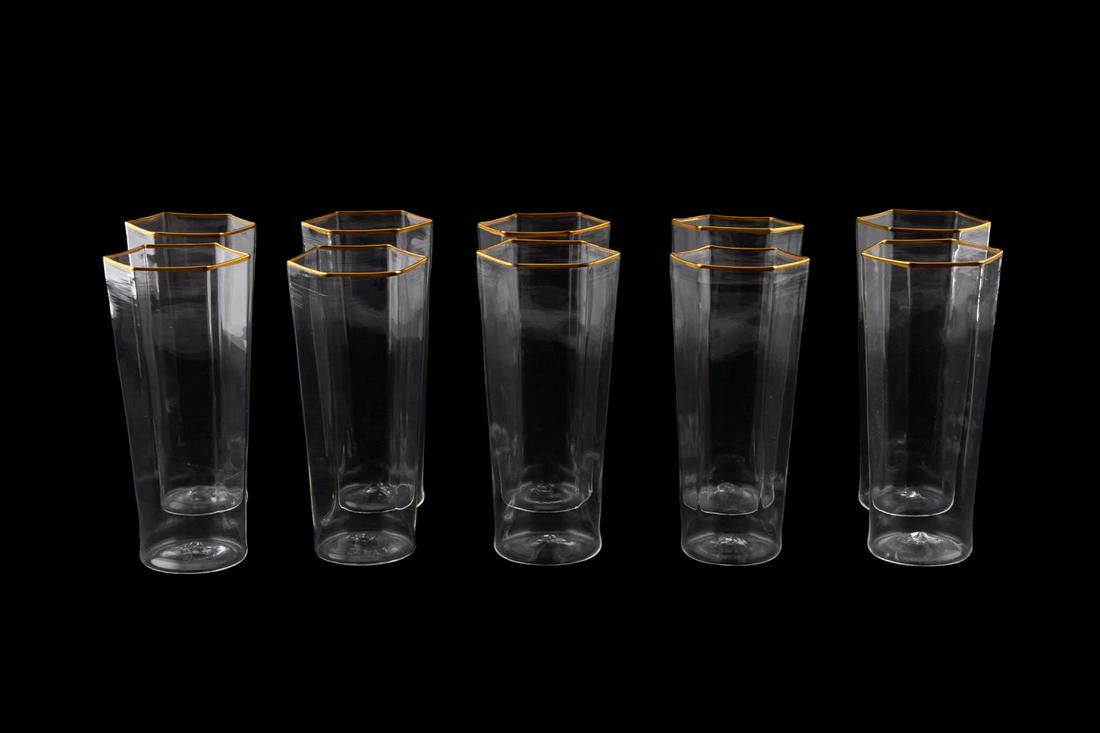 10 TALL SEGUSO BLOWN GLASS TUMBLERS, GOLD RIM: Seguso Viro Co. (Italian), contemporary. Set of ten Murano style thin blown glass "Esagonali" polygon tumblers having gold rim. Apparently unsigned. Provenance: Purchased from Nina Griscom, New York, 