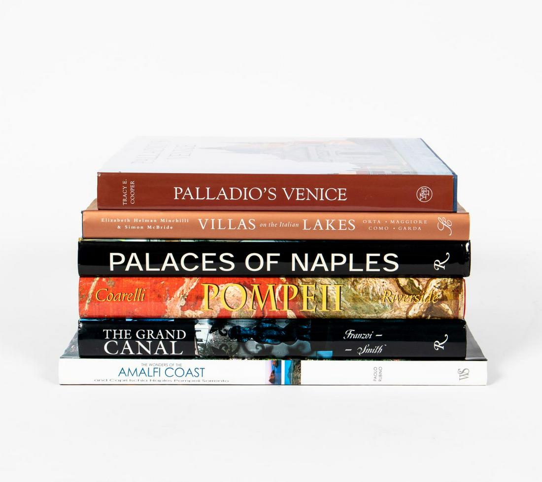 6 HARDCOVER ART BOOKS ON VIEW OF ITALY & NAPLES: A grouping of six hardcover coffee table art books on Italy, Naples and famous views in the region including works by Rizzoli. Approx: h. 14", w. 11", d. 2" (Measures Largest).