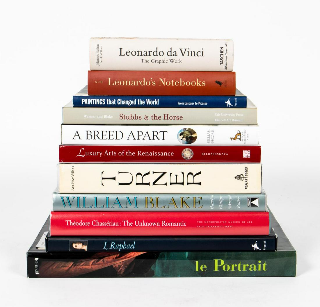 ELEVEN HARDCOVER ART BOOKS ON FAMOUS ARTISTS: A grouping of eleven coffee table books and art books on famous artist including Leonardo Da Vinci, Picasso, Stubbs, Turner, William Secord, Theodore Chasseriau, William Blake and others. Approx: h. 1