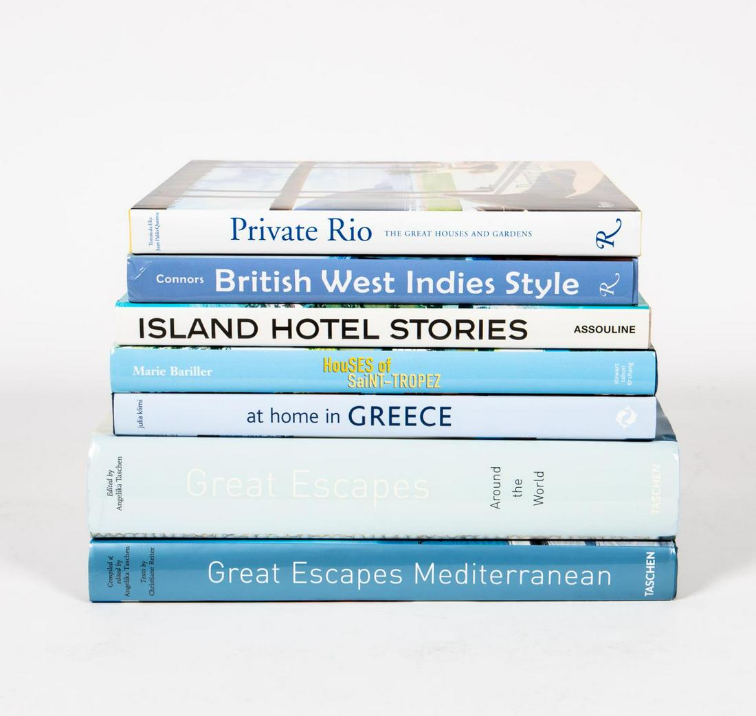 7 HARDCOVER ART BOOKS ON TROPICAL LIVING & TRAVEL: Seven hardcover coffee table art books on tropical living and travel including "Great Escapes of Mediterranean" published by Taschen, "Great Escapes: Around the World" published by Taschen, "British W