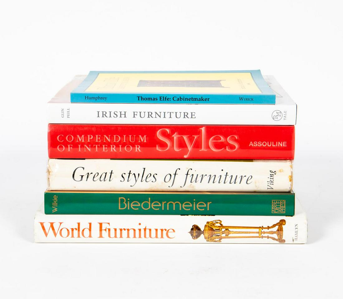 SIX HARDCOVER ART BOOKS ON TRADITIONAL FURNITURE: A grouping of six coffee table art books on traditional furniture from across the world including "Compendium of Interior Styles" published by Assouline, "Biedermeier" published by Abbeville Press, "G