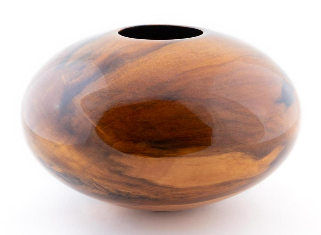 MATT MOULTHROP, SOUTHERN TULIP WOOD BOWL: Matt Moulthrop (American/Georgia, b 1977). Turned burl wood globe of Southern tulip with clear lacquer finish. Signed and inscribed to underside with type of wood. Provenance: Acquired from The Signat