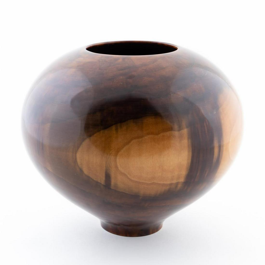 PHILIP MOULTHROP, TURNED FIGURED TULIPWOOD BOWL: Philip Moulthrop (American/Georgia, b 1947). Turned burl wood vessel of figured tulipwood with clear lacquer finish. Signed and wood identified underneath.Approx. h. 8.5", dia. 10"