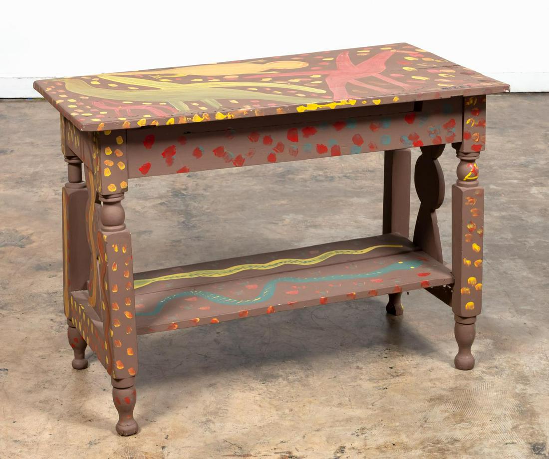 MOSE TOLLIVER, OUTSIDER ART, PAINTED TABLE, SIGNED: Mose Tolliver (American/Alabama, died 2006). Folk art painted table decorated with birds and lizards on top, and snakes on legs and shelf. Signed on tabletop "MoseT".Approx. h. 28" w. 39" d, 20.75"