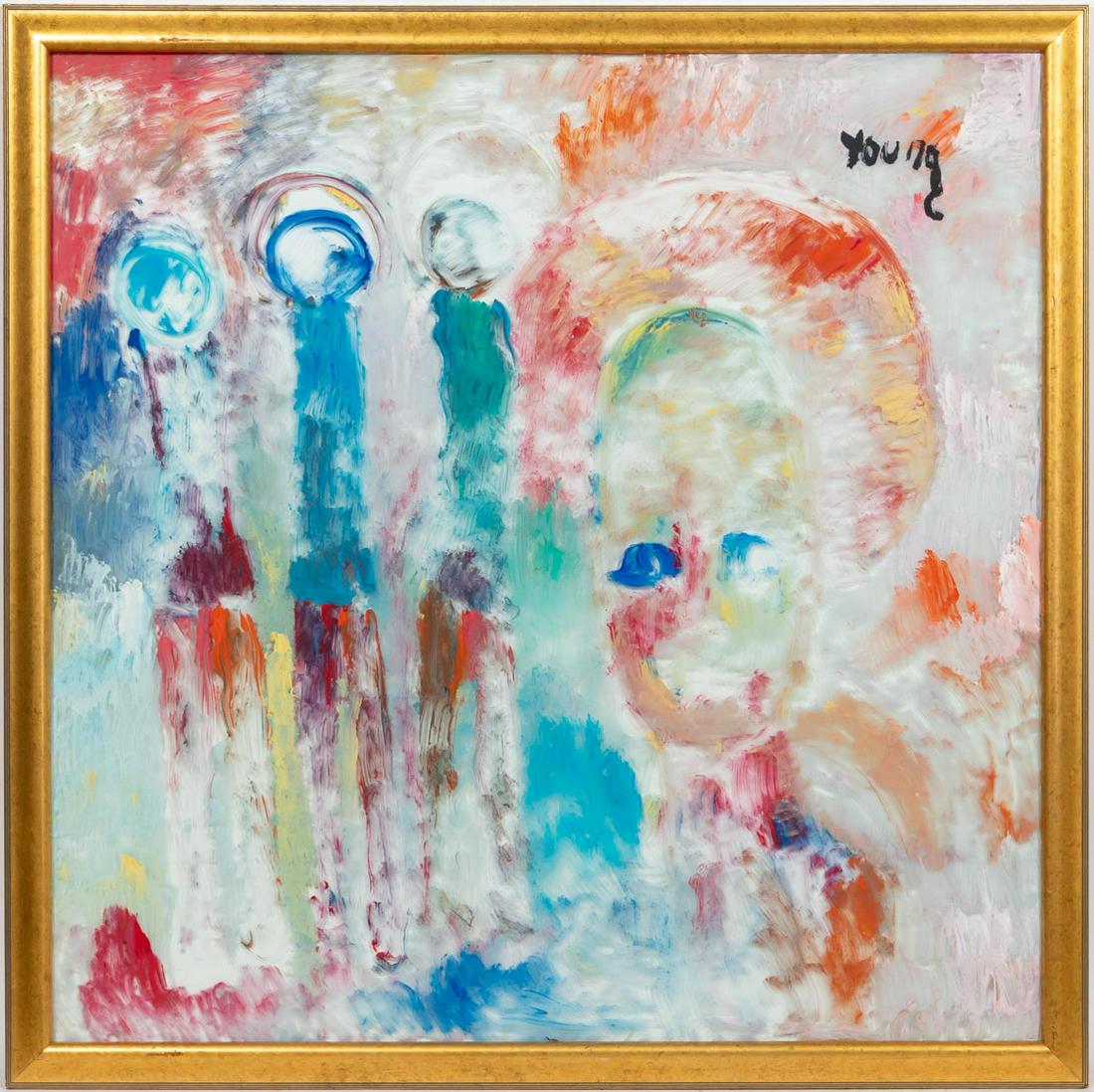 PURVIS YOUNG, FIGURAL PAINTING ON GLASS, FRAMED: Purvis Young (America/ Florida, 1943-2010). "Abstracted Figures", oil on glass, signed upper right. An oil painting on glass depicting a grouping of figures.Approx. 52" x 52" (framed), 47.25" x 47.25"