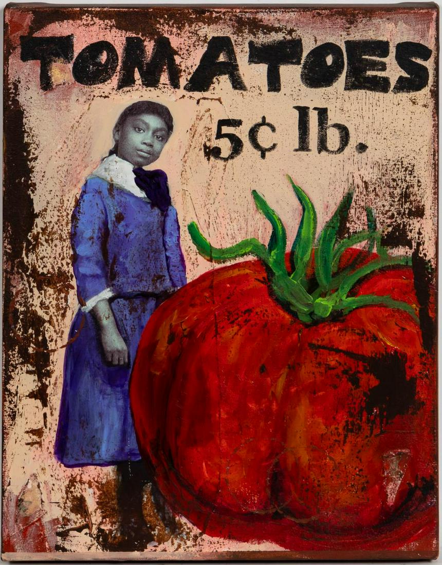 CEDRIC SMITH, TOMATOES, MIXED MEDIA ON CANVAS: Cedric Smith (American/Georgia, b 1970), "Tomatoes" -2002. Mixed media on canvas, signed, dated and titled verso.Approx. 20" x 16" (canvas)