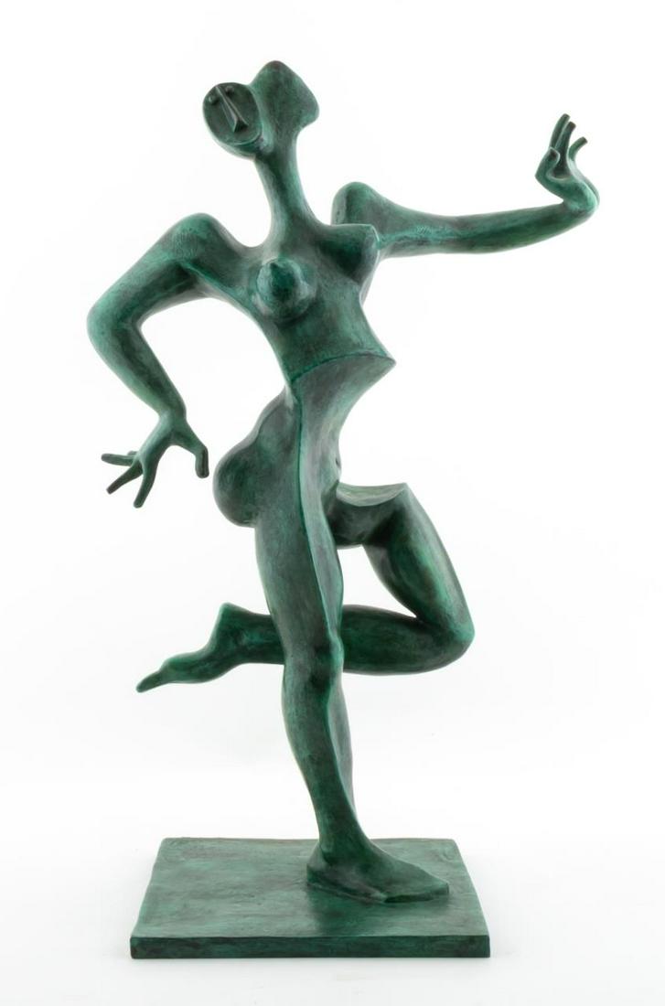 BYRON GALVEZ, DANCING FIGURE, BRONZE: Byron Galvez (Mexican, 1941-2009). "Dancer". Bronze, signed, dated and editioned 55/100.Approx. h 21.75" w 14.5" d 8.5"