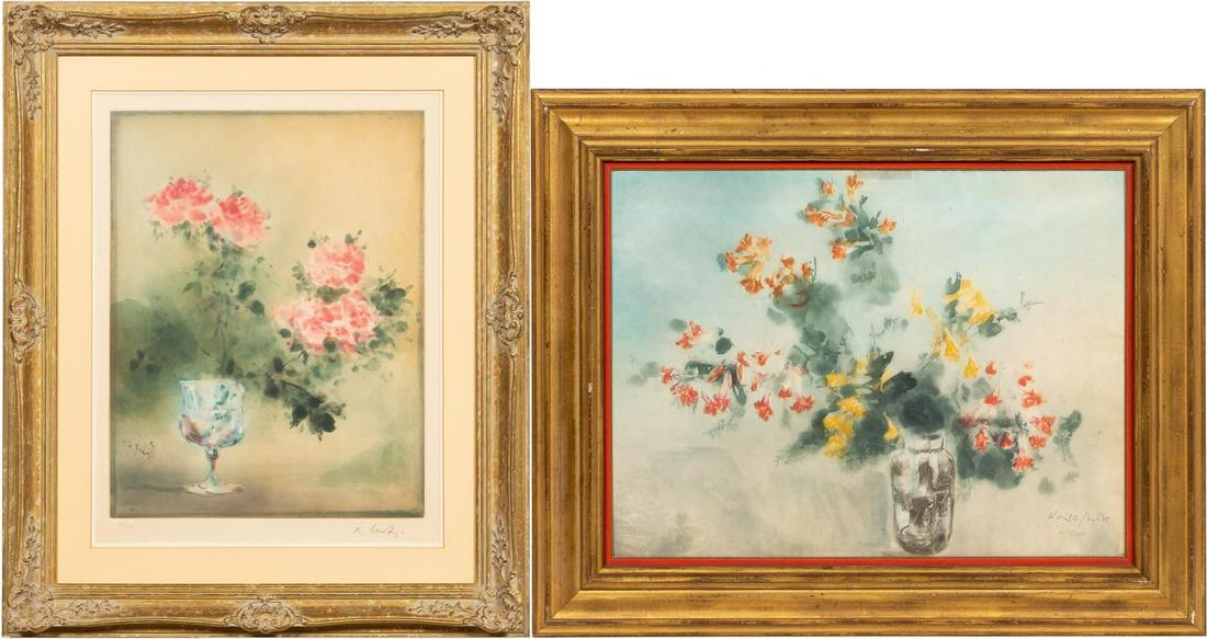 2 KAIKO MOTI FLORAL STILL LIFE LITHOGRAPHS, FRAMED: Kaiko Moti (Indian, 1921-1989). Two floral still life color etchings. Each pencil signed and numbered 74/120 and 44/75. Elaborately framed.Largest approx. 31" x 38" (framed), 22" x 29" (sight)