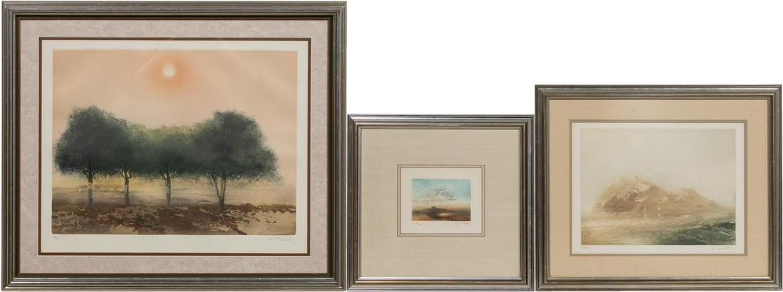 THREE KAIKO MOTI LANDSCAPE COLOR ETCHINGS, FRAMED: Kaiko Moti (Indian, 1921-1989). Three landscape color etchings, each signed and numbered in the lower margin. Matching frames and similar mats.Largest approx. 27" x 32" (framed), 20" x 24.75" (sight)