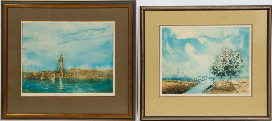 2 KAIKO MOTI COLOR ETCHINGS: Kaiko Moti (Indian, 1921-1989). "Venice" and "Stream with Bridge and Tree", color etchings. Each signed and editioned, artist proof and 31/120. FramedApprox. 29.75" x 33.5" (framed), 18.5" x 23.25" (s