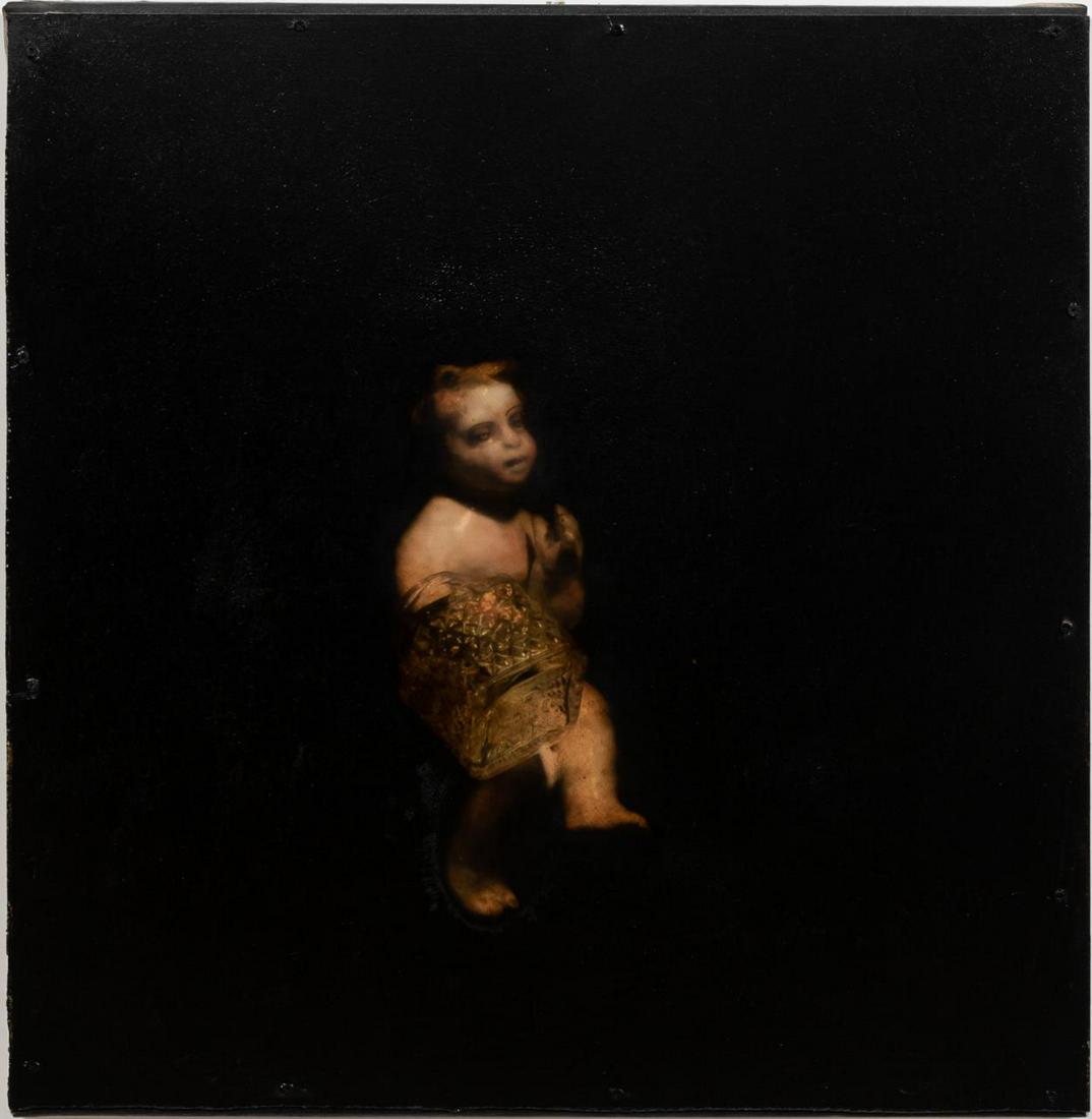 TODD MURPHY, MIXED MEDIA ASSEMBLAGE: Todd Murphy (American/Georgia, b 1962). "Baby with Hand in Cookie Jar", mixed media and assemblage mounted to canvas. Unsigned.Approx. 33" x 32" (canvas)