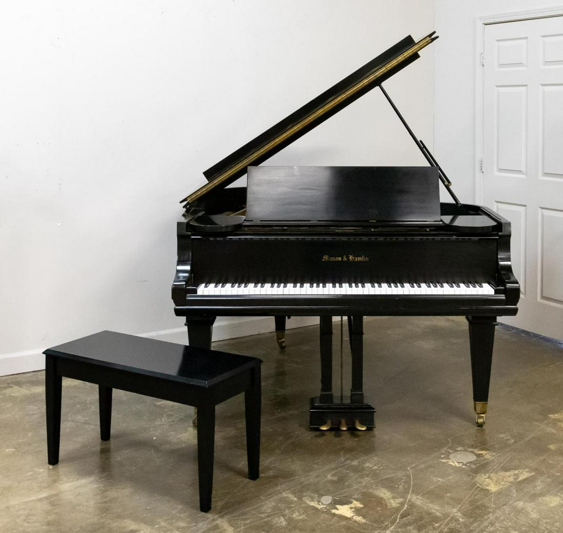 MASON & HAMLIN EBONY GRAND PIANO, MODEL A: Mason & Hamlin (American), 1922. Ebony grand piano model A, serial number 30616, having lacquer finish, square tapered legs with ferrule brass feet and matching ebony bench. Accompanied by Piano Disk