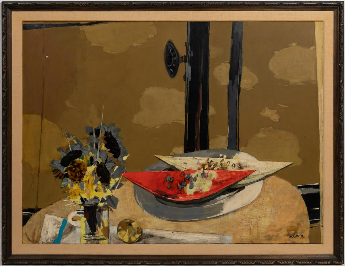 ANDRES SEGOVIA, MODERN STILL LIFE ON MASONITE: Andre (Andres) Segovia (Argentinian, 1929-1996). "Still Life", oil on masonite. Signed lower right, Koch Galleries, Mobile, AL label verso. Approx. 44" x 57" (framed), 38" x 51" (panel). Provenance: D